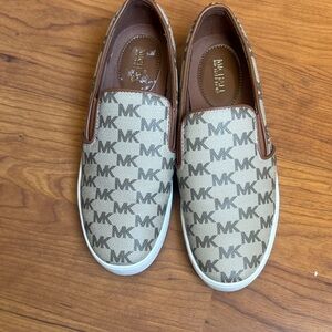 Michael Kors Beige and Brown Monogram Slip-Ons